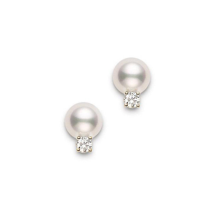 Mikimoto Women's 6mm Diamond Earrings with Pearl in Yellow Gold