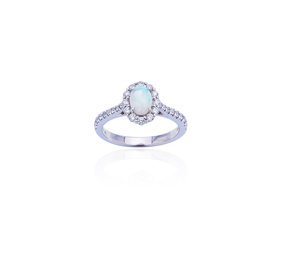 Sabel Collection 14K White Gold Oval Opal and Diamond Halo Ring