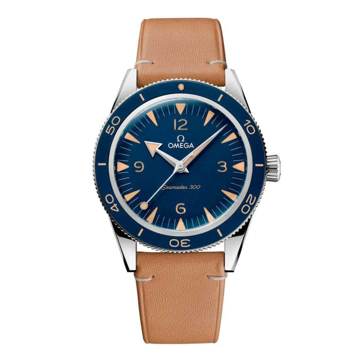 Omega Seamaster Watch for Men with Blue Dial Presented on Beige Leather Strap