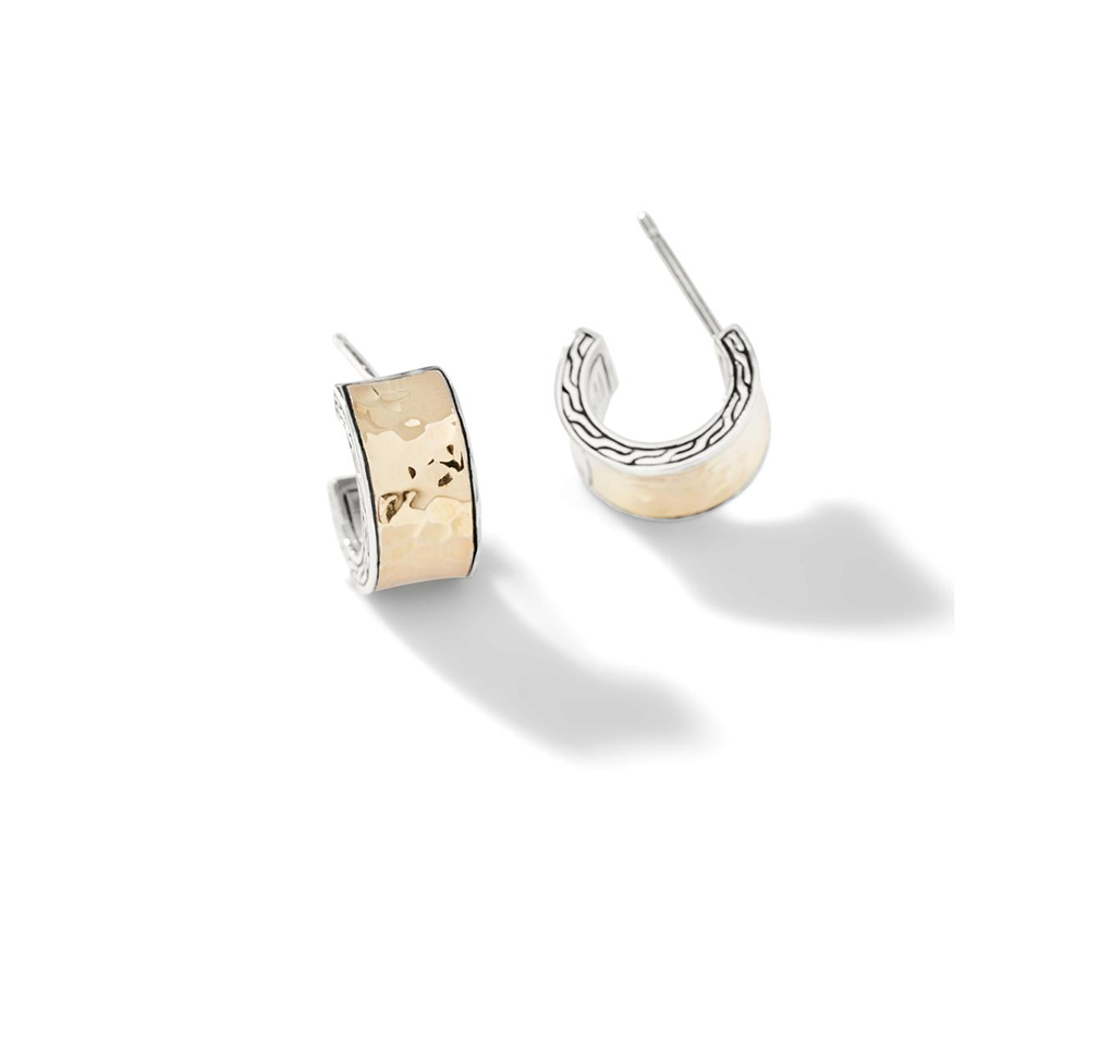 John Hardy Classic Chain Yellow Gold and Silver Hammered Hoop Earrings