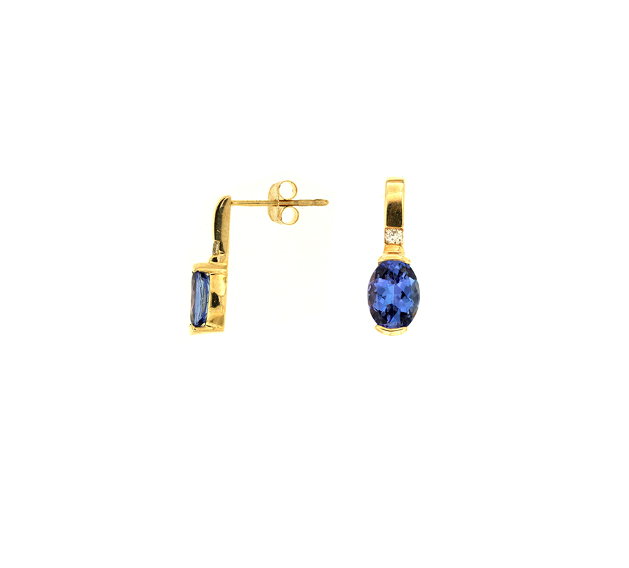 Blue Gemstone Oval Tanzanite and Diamond Earrings in 14k Yellow Gold