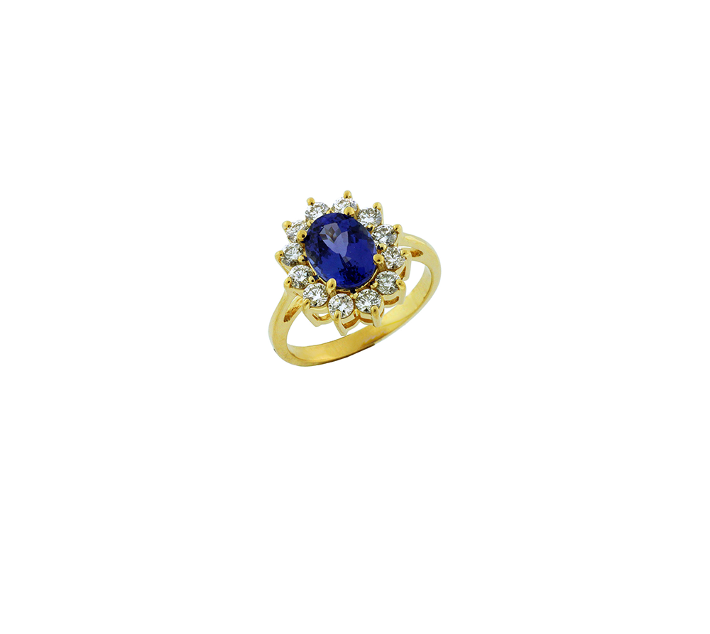 Blue Oval Tanzanite and Diamond Halo Ring in 14k Yellow Gold