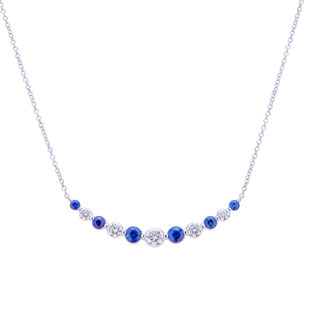 Sabel Collection White Gold Round Diamond and Sapphire Curved Bar Necklace
