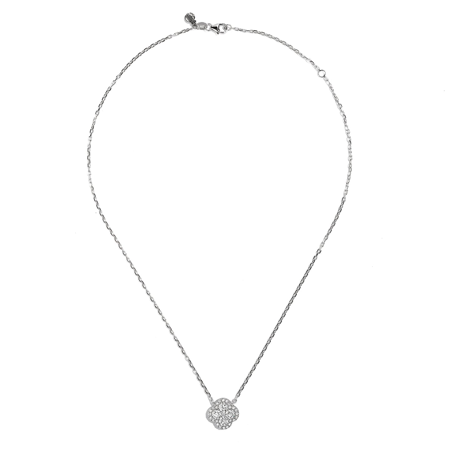 Sabel Collection 18K White Gold Round Diamond Clover Shape Necklace with Halo