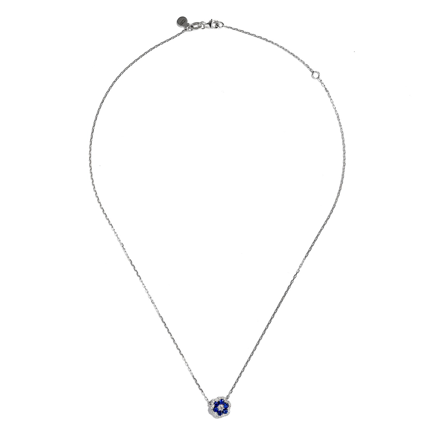 Sabel Collection 18K White Gold Round Sapphire and Round Diamond Flower Shape Pendant