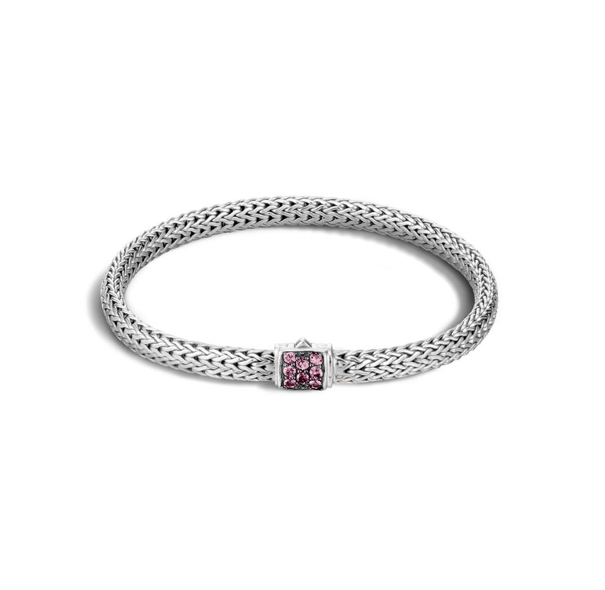 John Hardy Classic Chain Sterling Silver 5mm Bracelet with Pink Spinel Clasp