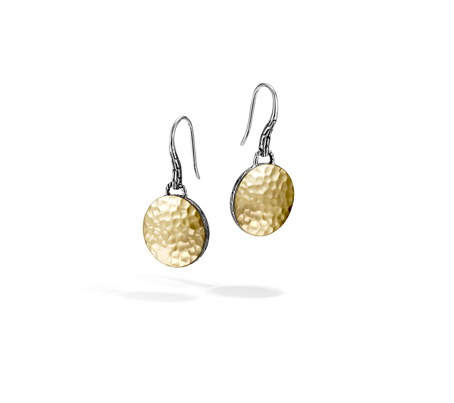 John Hardy Dot 18K Yellow Gold and Sterling Silver Round Drop Earrings with Palu Hand Hammering