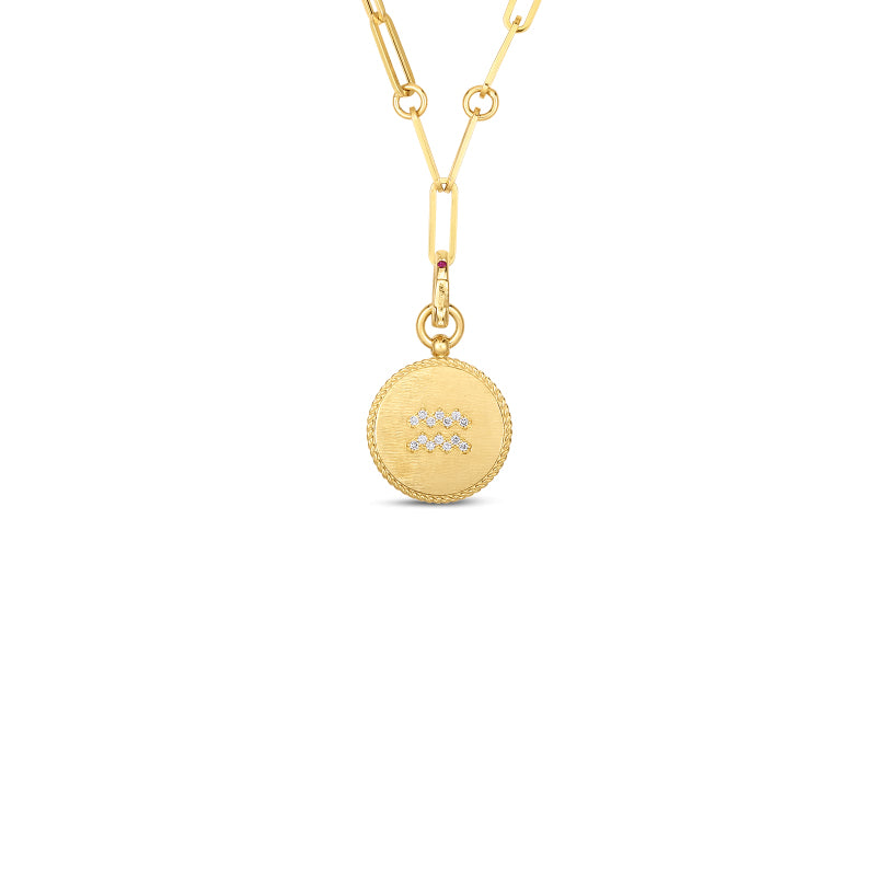 Roberto Coin Zodiac Medallion 18K Yellow Gold Diamond Aquarius Medallion Necklace