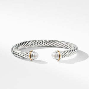 David Yurman Sterling Silver Cable Bracelet with Pearl Domes and 14K Yellow Gold