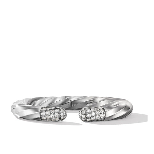 Cable Edge Cuff Bracelet in Recycled Sterling Silver with Pavé Diamonds, Size Large