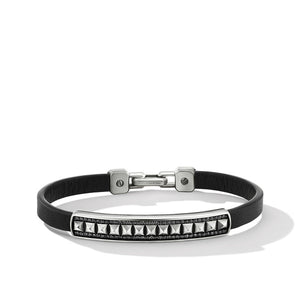 Pyramid Black Leather ID Bracelet with Pavé Black Diamonds, Size Large