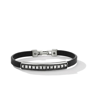 Pyramid Black Leather ID Bracelet with Pavé Black Diamonds, Size Medium