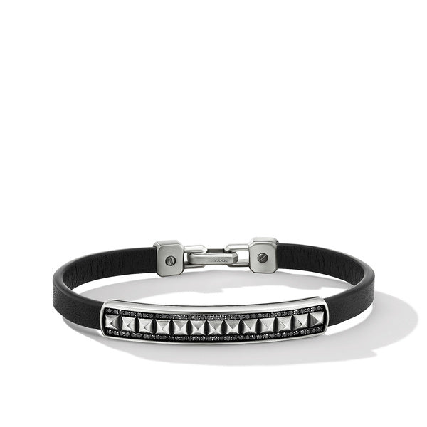Pyramid Black Leather ID Bracelet with Pavé Black Diamonds, Size Large
