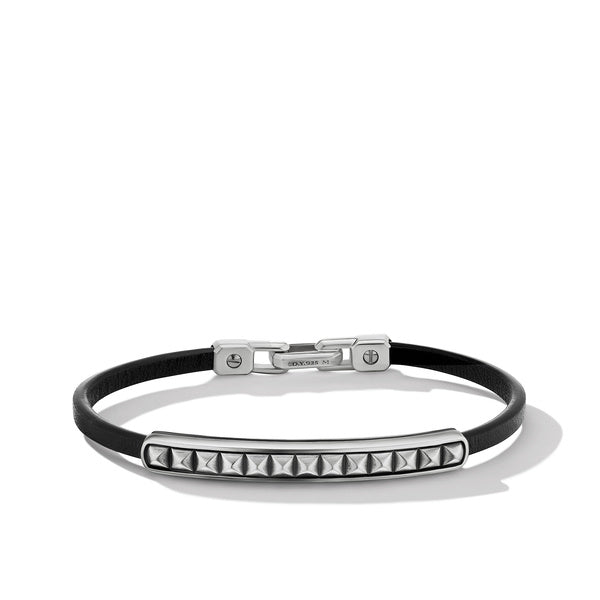 Pyramid Black Leather ID Bracelet, Size Medium