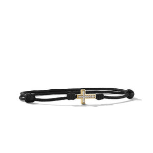 Cross Black Cord Bracelet with 18K Yellow Gold and Pavé Diamonds