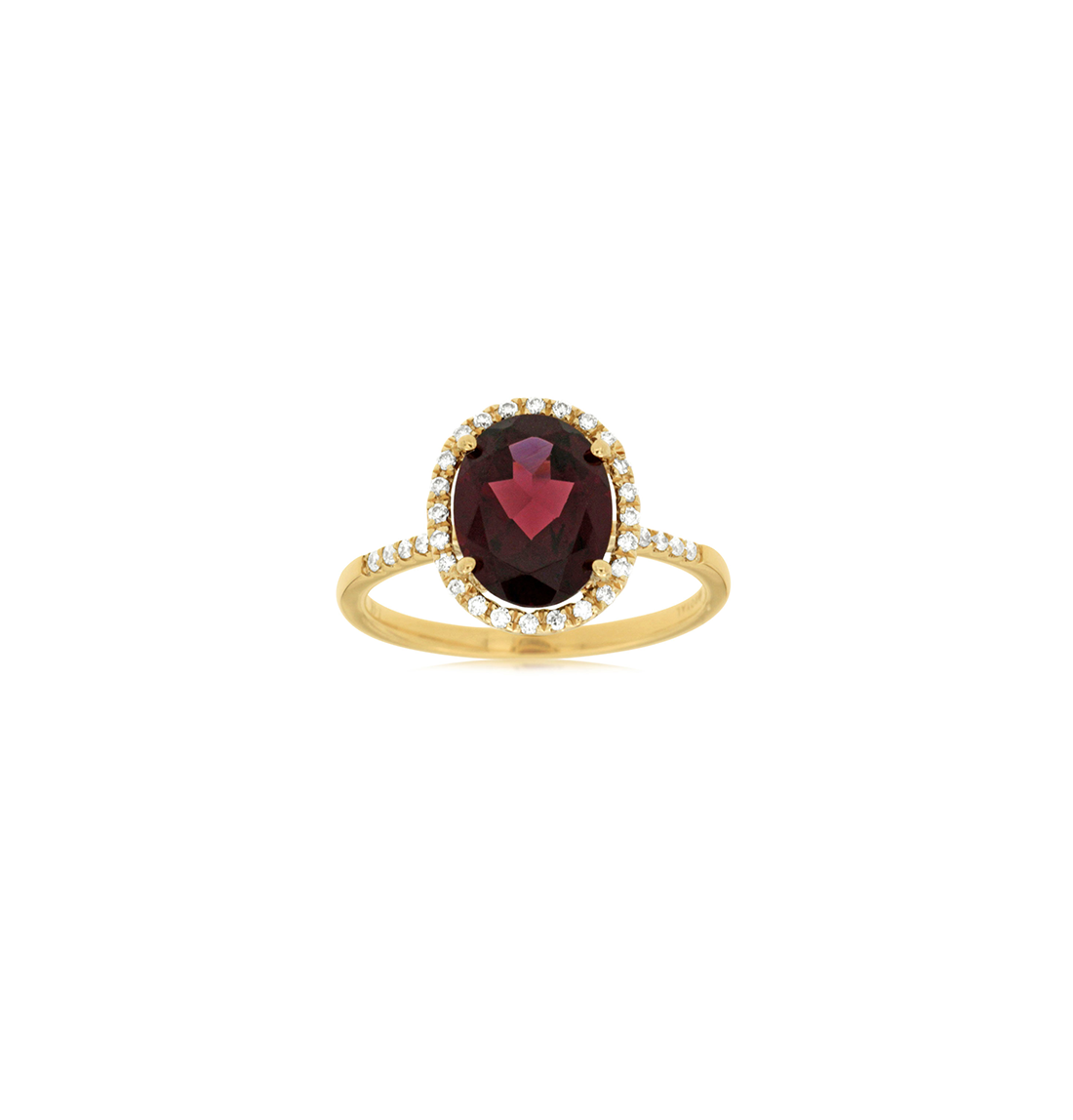 Sabel Collection Yellow Gold Oval Garnet and Diamond Halo Ring