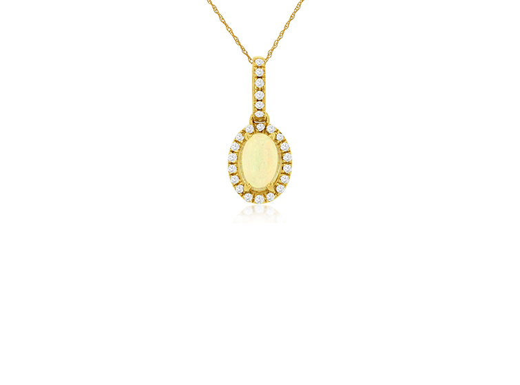 Oval Opal and Diamond Halo Pendant Necklace in 14k Yellow Gold