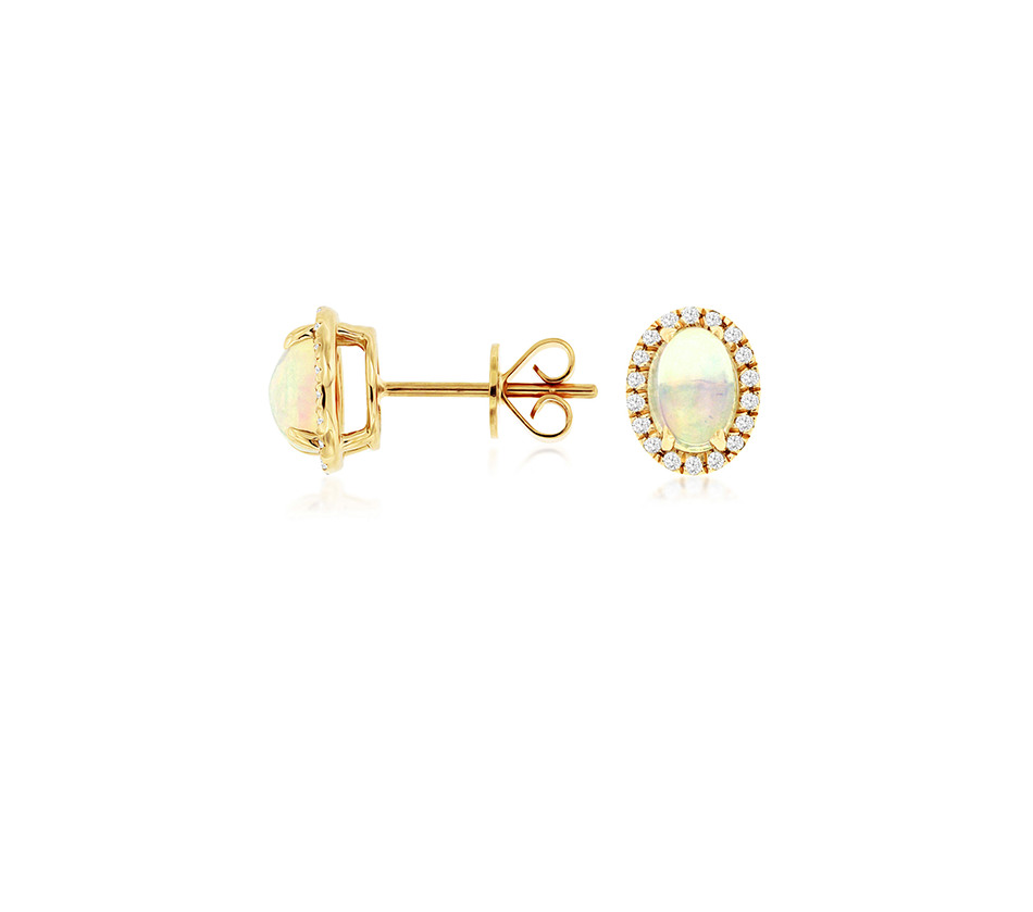 Oval Opal and Diamond Halo Stud Earrings in 14k Yellow Gold