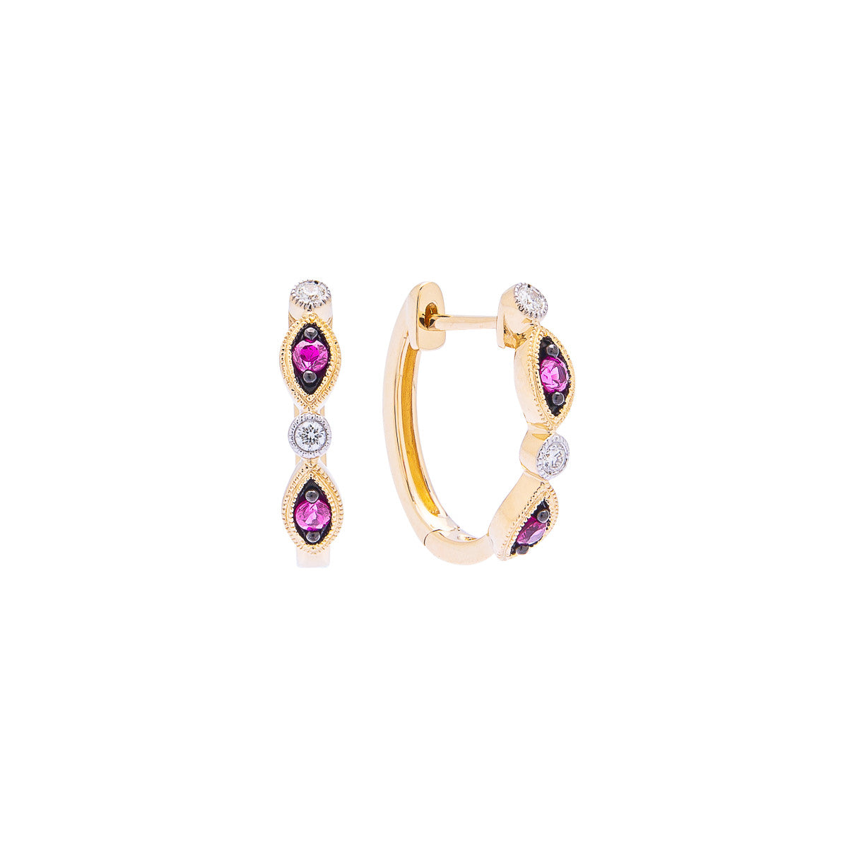 Sabel Collection 14K Yellow Gold Marquise Ruby and Round Diamond Hoop Earrings