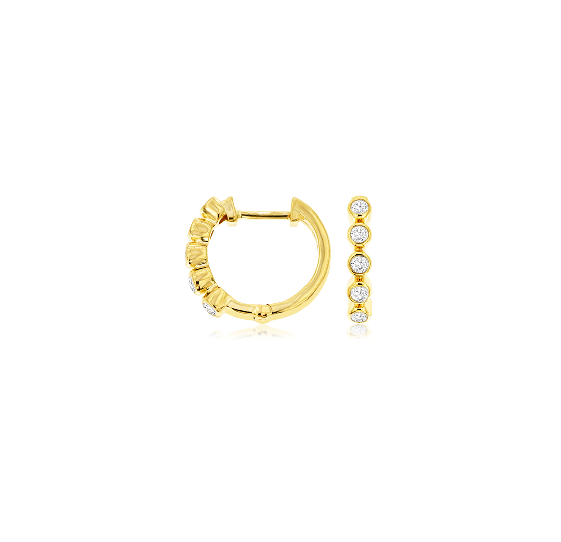 14k Yellow Gold Round Diamond Bezel Set Hoop Earrings 
