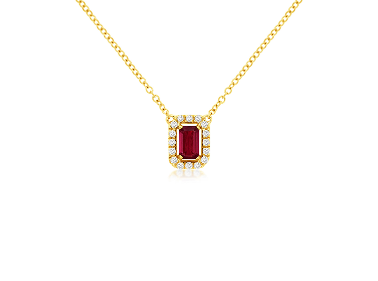 Emerald Cut Ruby and Round Diamond Halo Pendant Necklace in 14k Yellow Gold