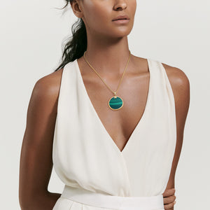 Model Wearing DY Elements Disc Pendant in 18K Yellow Gold with Malachite