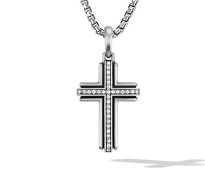 Deco Cross Pendant in Sterling Silver with Pavé Diamonds