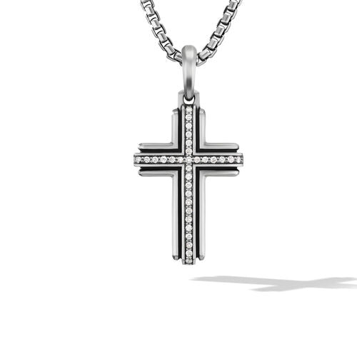 Deco Cross Pendant in Sterling Silver with Pavé Diamonds