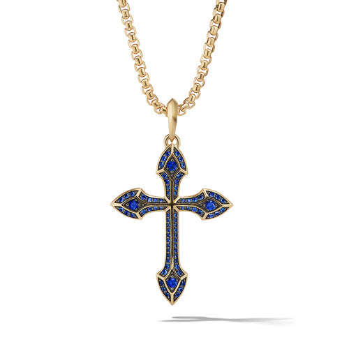 Gothic Cross Amulet in 18K Yellow Gold with Pavé Sapphires