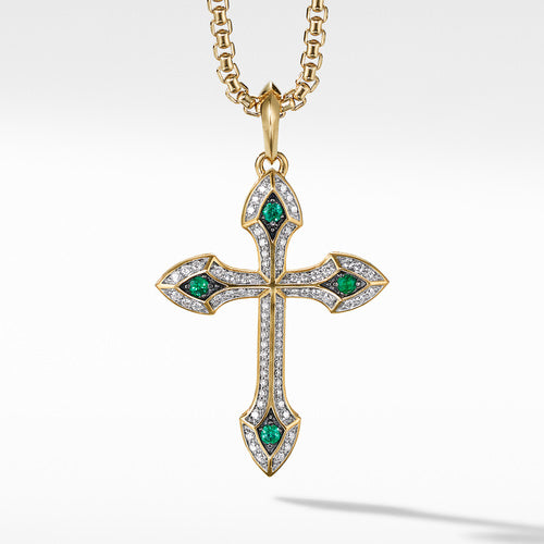 Gothic Cross Amulet with Pavé Diamonds, Emeralds and 18K Yellow Gold