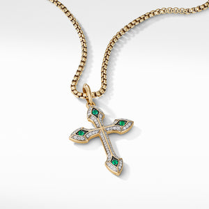 Gothic Cross Amulet with Pavé Diamonds, Emeralds and 18K Yellow Gold