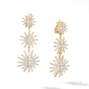 Starburst Triple Drop Earrings in 18K Yellow Gold with Full Pavé Diamonds