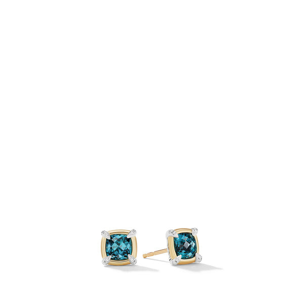 Petite Chatelaine Stud Earrings with Hampton Blue Topaz, 18K Yellow Gold Bezel and Pavé Diamonds