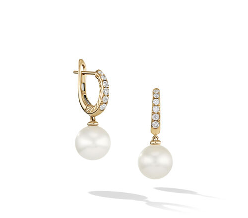 Pearl and Pavé Drop Earrings in 18K Yellow Gold with Diamonds