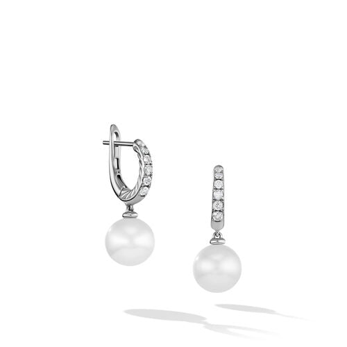 Pearl and Pavé Drop Earrings in Sterling Silver with Diamonds