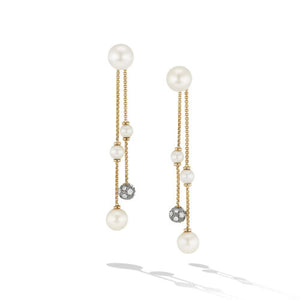 Pearl and Pavé Two Row Drop Earrings in 18K Yellow Gold with Diamonds