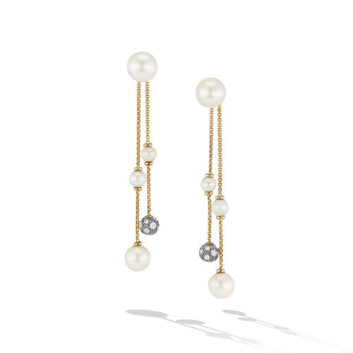 Pearl and Pavé Two Row Drop Earrings in 18K Yellow Gold with Diamonds