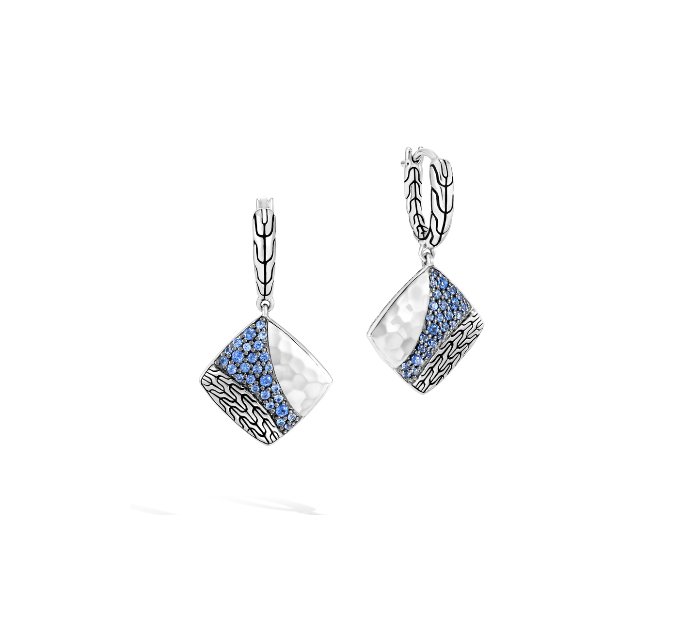John Hardy Classic Chain Hammered Square Blue Sapphire Drop Earrings