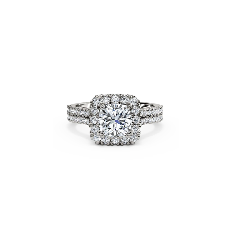 Fink's Exclusive Platinum Cushion Cut Diamond with Diamond Halo and Two-Row Shank Engagement Ring