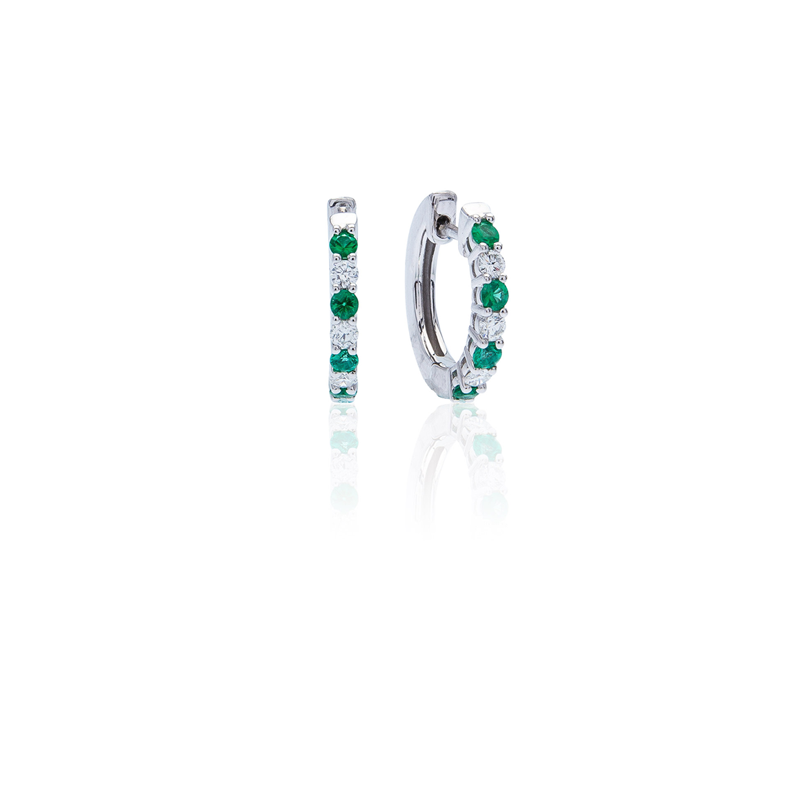Sabel Collection 14K White Gold Round Emerald and Diamond Huggie Earrings