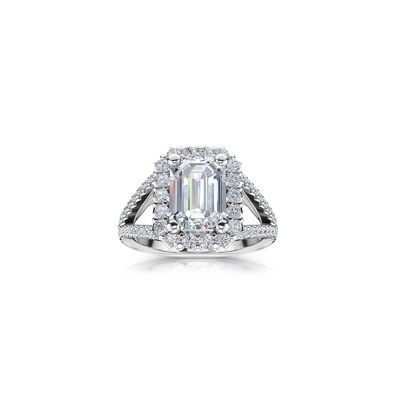 The Studio Collection Emerald Cut Diamond Cushion Halo Split Shank Engagement Ring