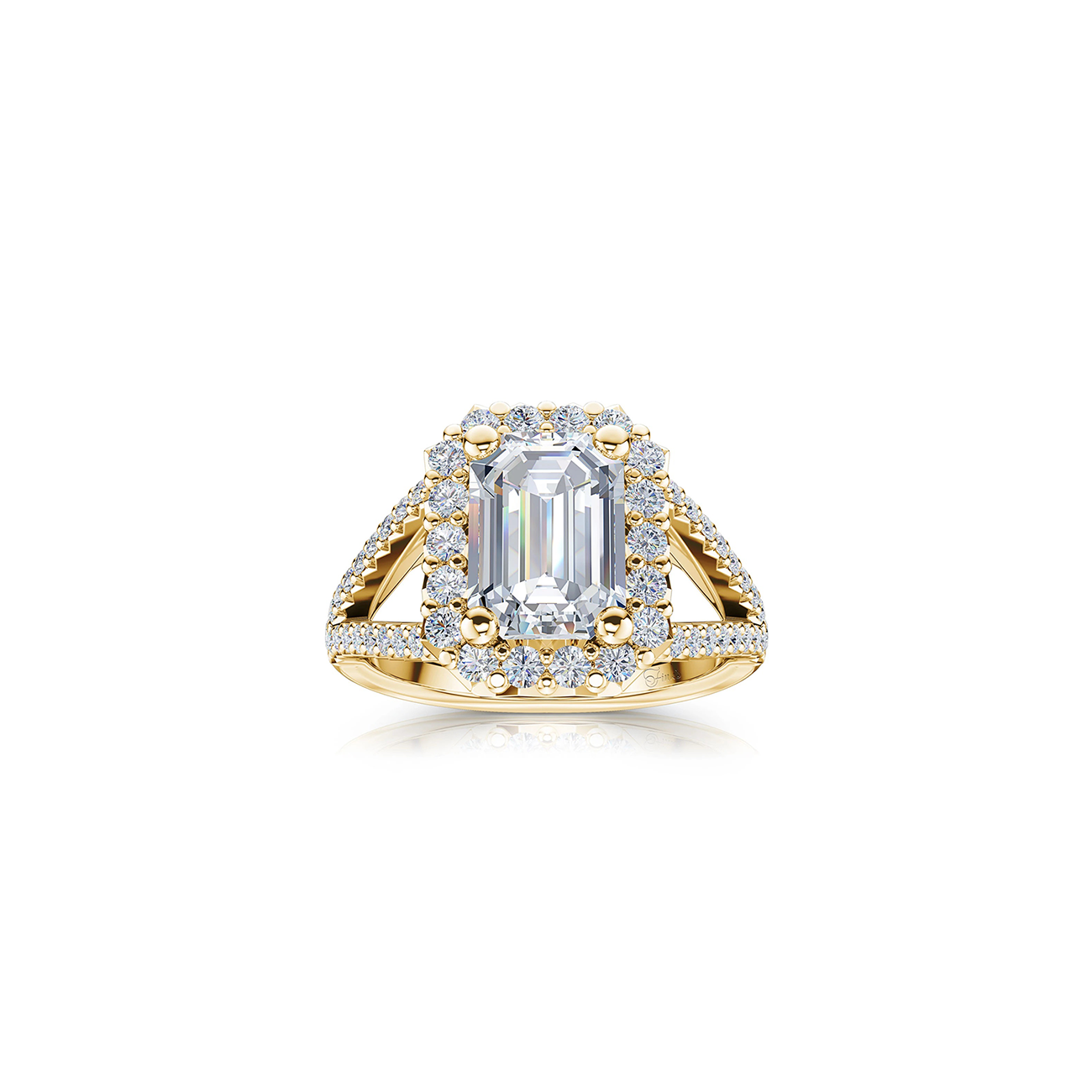 The Studio Collection Emerald Cut Diamond Cushion Halo Split Shank Engagement Ring