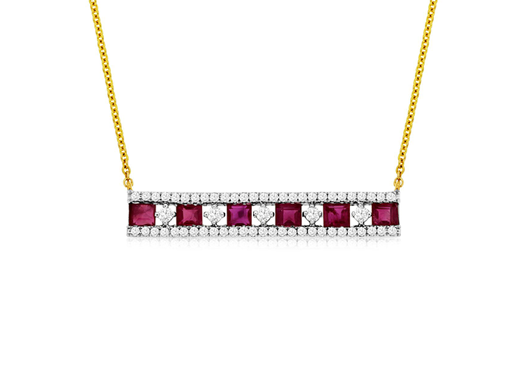 Sabel Collection 14K Yellow Gold Square Ruby and Diamond Bar Pendant