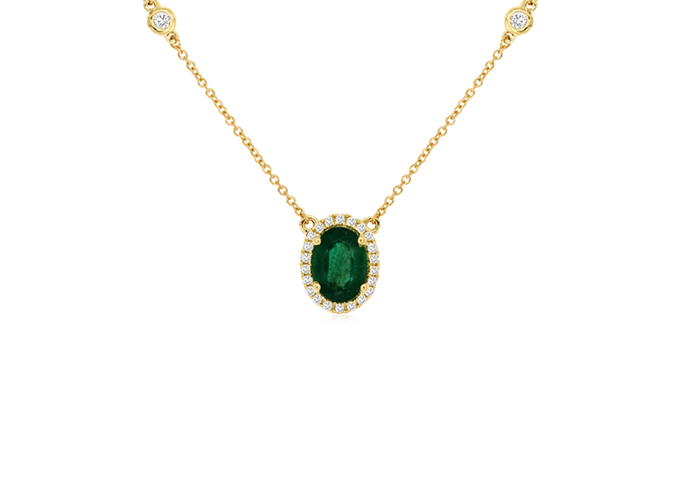 Oval Emerald and Diamond Halo Station Necklace in 14k Yellow Gold