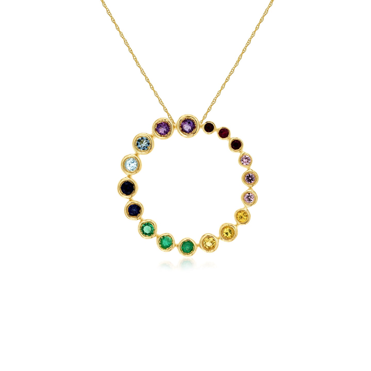 Sabel Collection 14K Yellow Gold Round Rainbow Sapphire, Ruby, and Emerald Bezel Set Circle Necklace