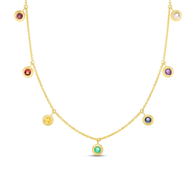 Sabel Collection 14K Yellow Gold Round Rainbow Sapphire, Ruby, and Emerald Dangle Necklace