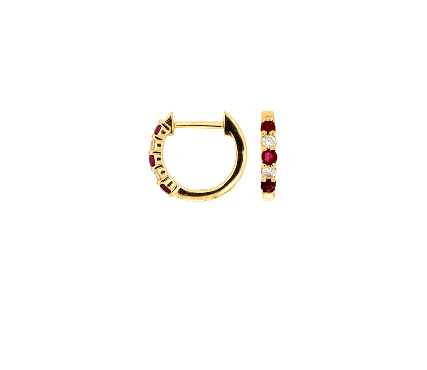 Ruby and Diamond Huggie Earrings in 14k Yellow Gold