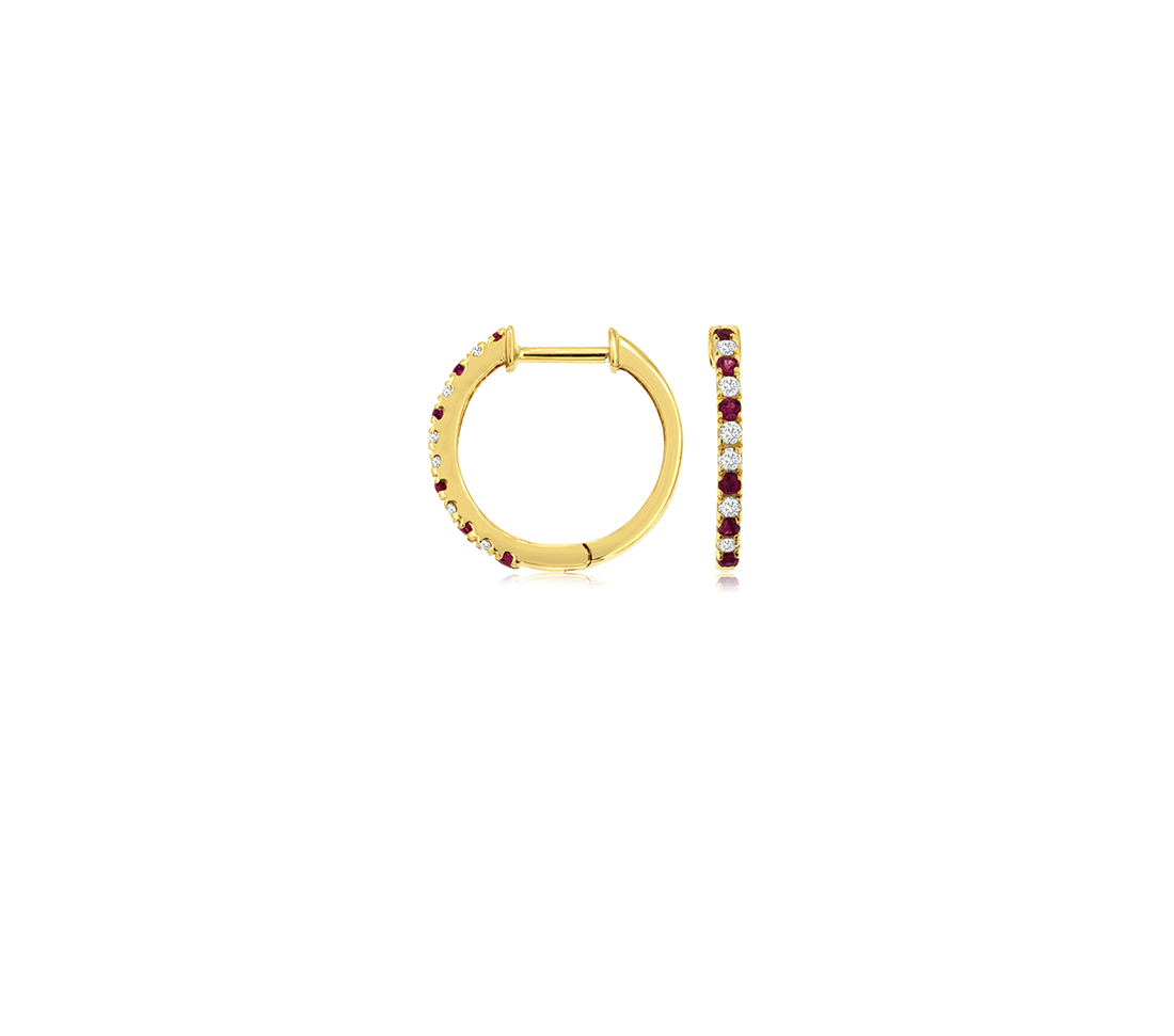 14k Yellow Gold Round Ruby and Diamond Hoop Earrings