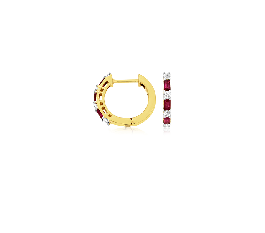 Baguette Ruby and Diamond Huggie Earrings in 14k Yellow Gold