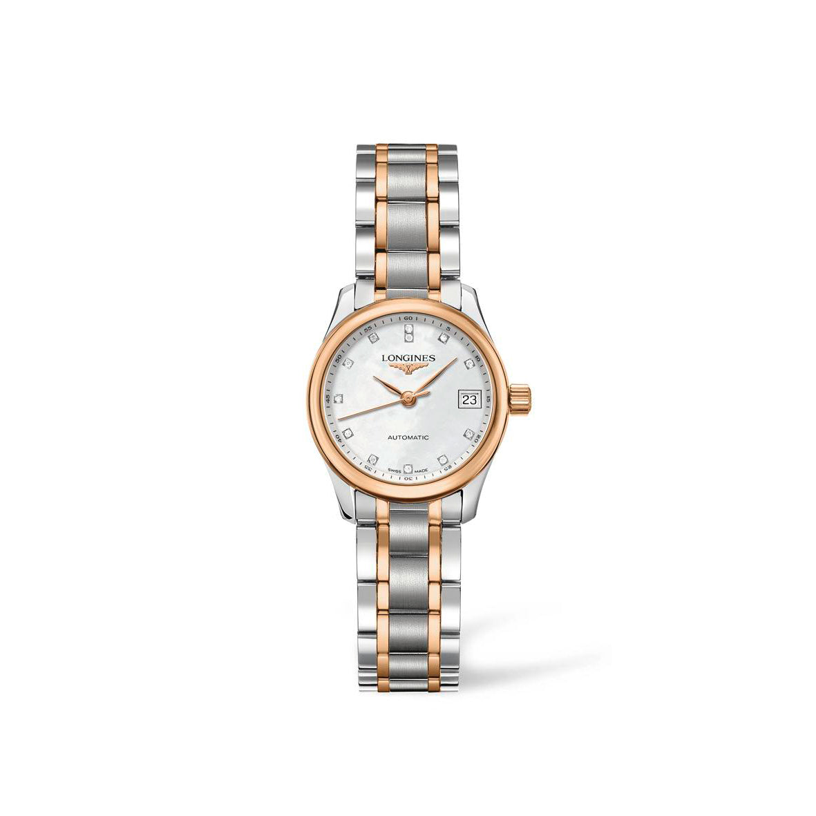 Longines Master Collection 25mm Stainless Steel and 18K Rose Gold Mother-of-Pearl Dial with Diamonds Ladies' Watch